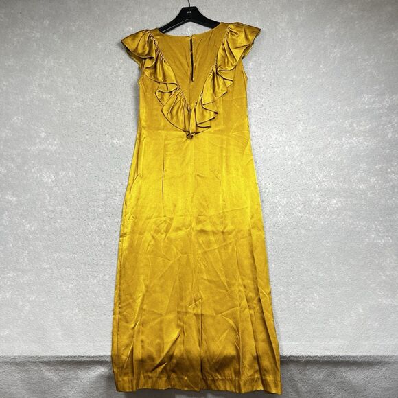 Anthropologie Seen Worn Kept Satin Ruffle Midi Dress 4 Gold Yellow Sleeveless - Picture 8 of 13